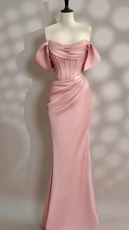 Elegant Mermaid Off-Shoulder Draped Corset Blush Pink Floor-Length Evening Gown