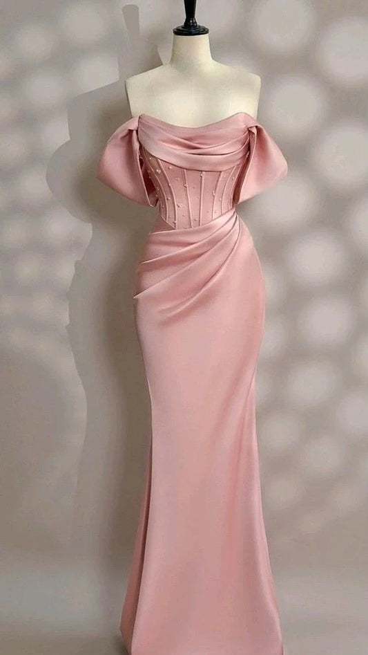 Elegant Mermaid Off-Shoulder Draped Corset Blush Pink Floor-Length Evening Gown
