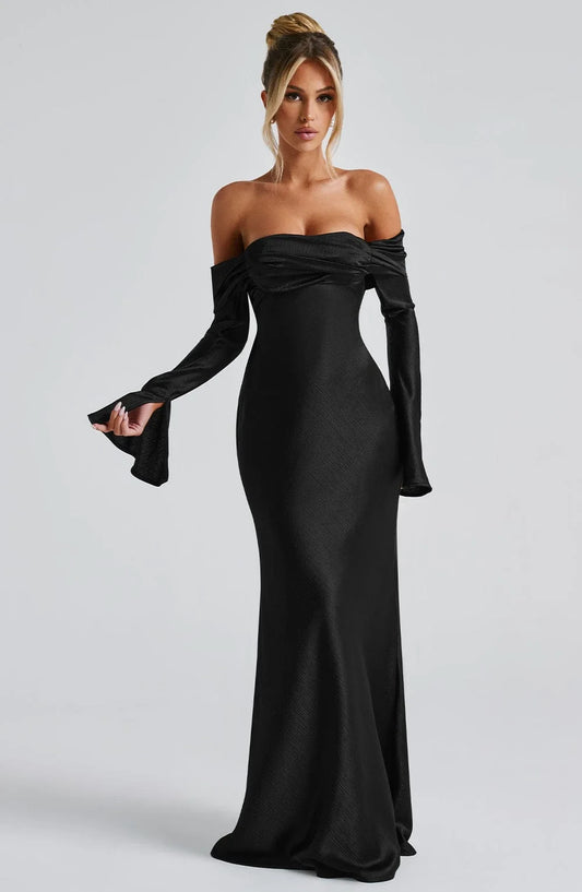 Elegant Mermaid Off-Shoulder Long Sleeve Ruched Satin Black Floor-Length Prom Dress