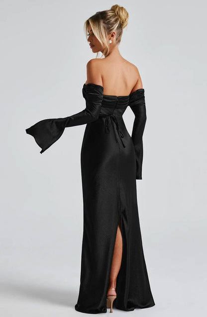 Elegant Mermaid Off-Shoulder Long Sleeve Ruched Satin Black Floor-Length Prom Dress