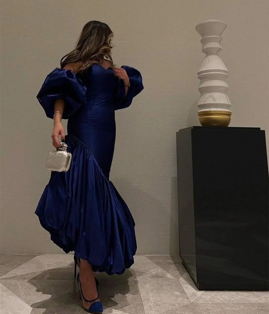 Elegant Mermaid Off-Shoulder Puffy Ruffled Navy Blue Floor-Length Evening Gown