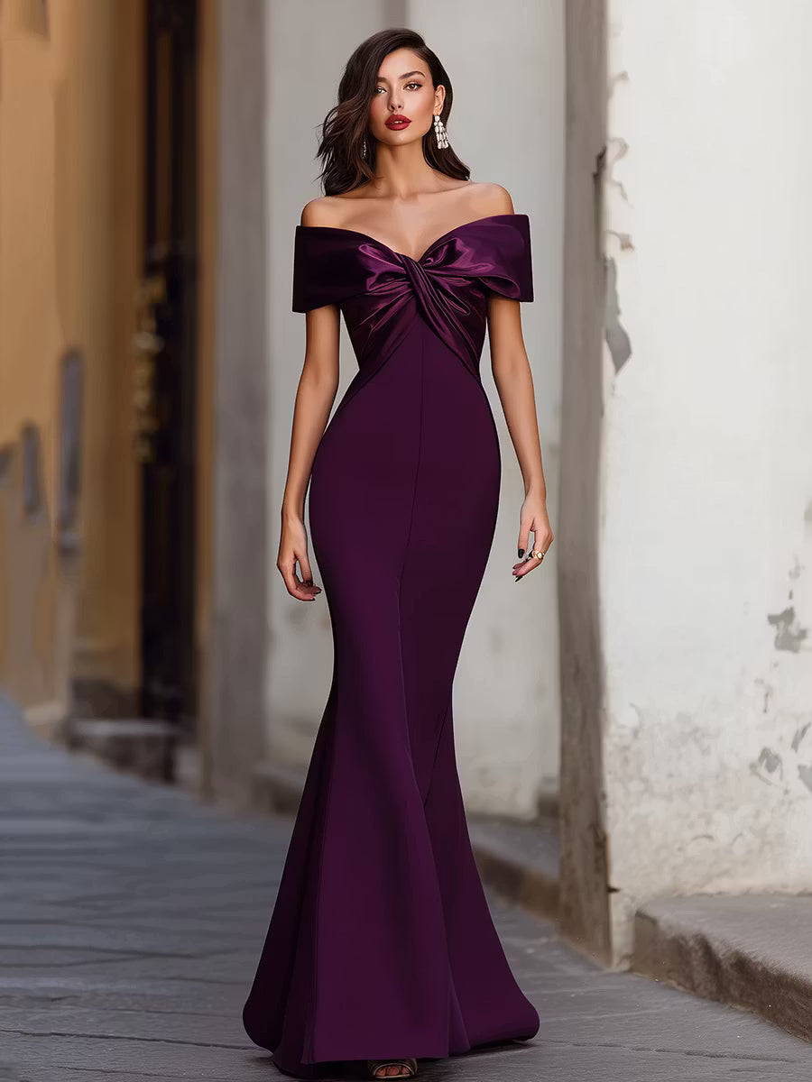 Elegant Mermaid Off-Shoulder Twisted Fitted Satin Purple Floor-Length Prom Dresses