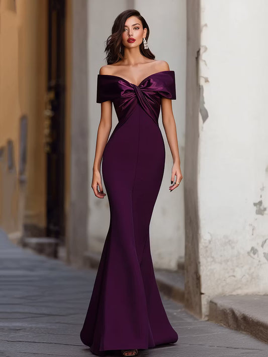 Elegant Mermaid Off-Shoulder Twisted Fitted Satin Purple Floor-Length Prom Dresses