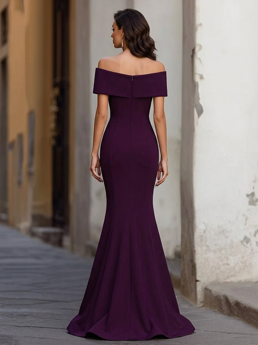 Elegant Mermaid Off-Shoulder Twisted Fitted Satin Purple Floor-Length Prom Dresses