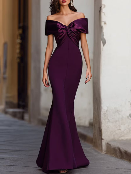 Elegant Mermaid Off-Shoulder Twisted Fitted Satin Purple Floor-Length Prom Dresses