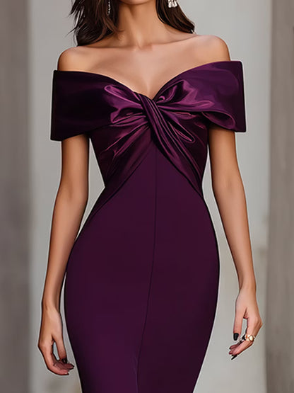 Elegant Mermaid Off-Shoulder Twisted Fitted Satin Purple Floor-Length Prom Dresses