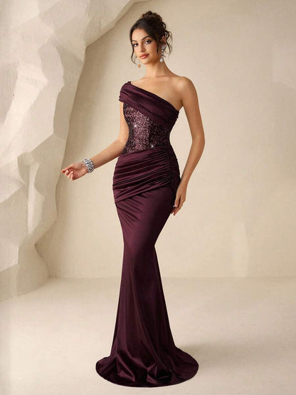 Elegant Mermaid One-Shoulder Ruched Waist Sequined Bodice Burgundy Floor-Length Prom Dresses