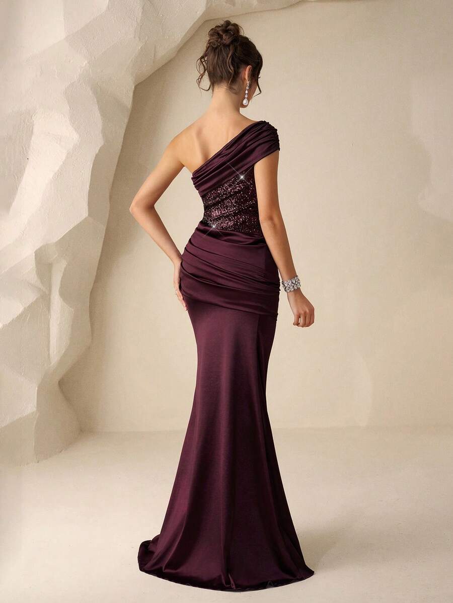 Elegant Mermaid One-Shoulder Ruched Waist Sequined Bodice Burgundy Floor-Length Prom Dresses