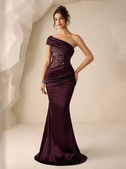 Elegant Mermaid One-Shoulder Ruched Waist Sequined Bodice Burgundy Floor-Length Prom Dresses