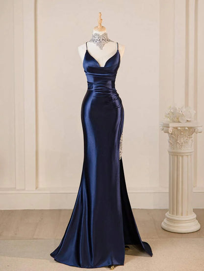 Elegant Mermaid Spaghetti Strap Applique Slit Navy Blue Floor-Length Prom Dress