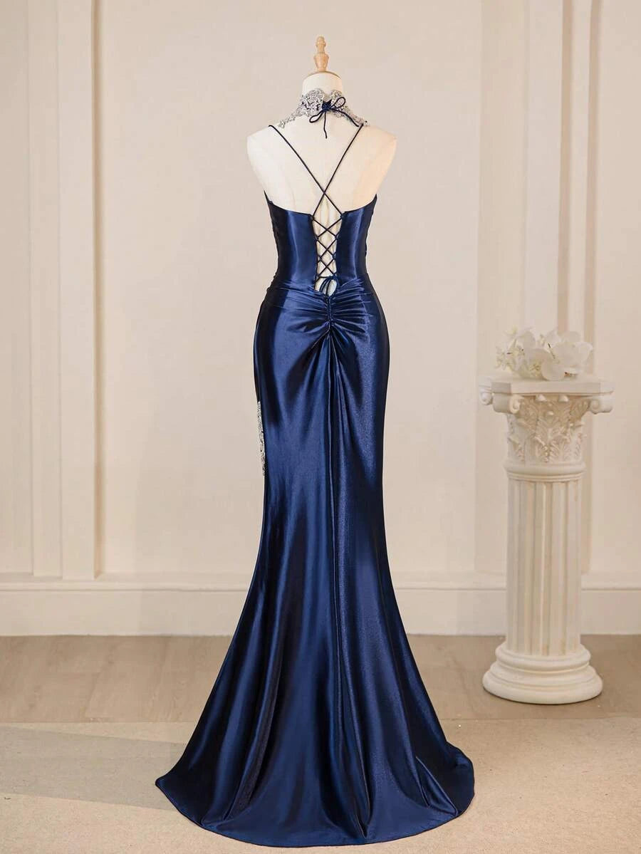 Elegant Mermaid Spaghetti Strap Applique Slit Navy Blue Floor-Length Prom Dress