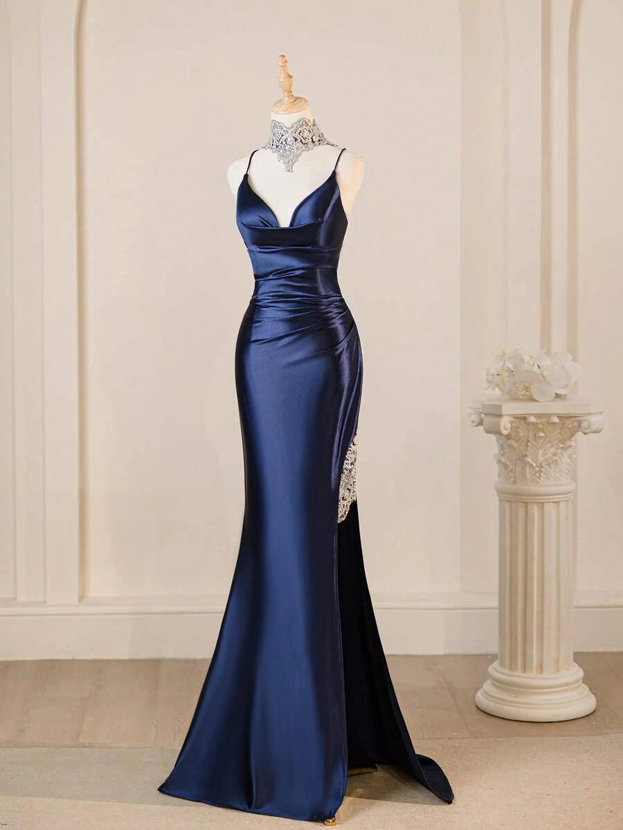 Elegant Mermaid Spaghetti Strap Applique Slit Navy Blue Floor-Length Prom Dress