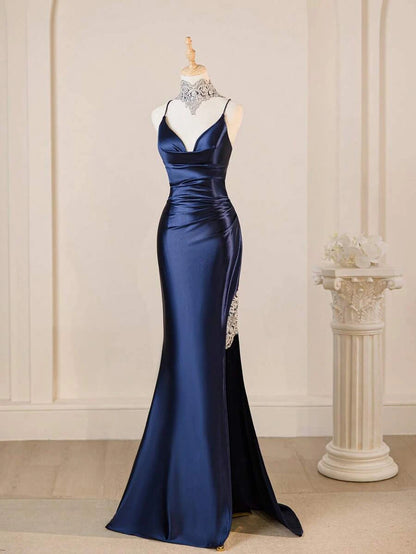 Elegant Mermaid Spaghetti Strap Applique Slit Navy Blue Floor-Length Prom Dress