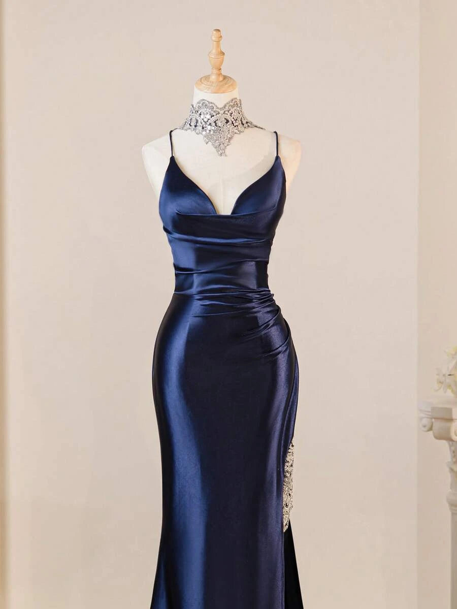 Elegant Mermaid Spaghetti Strap Applique Slit Navy Blue Floor-Length Prom Dress