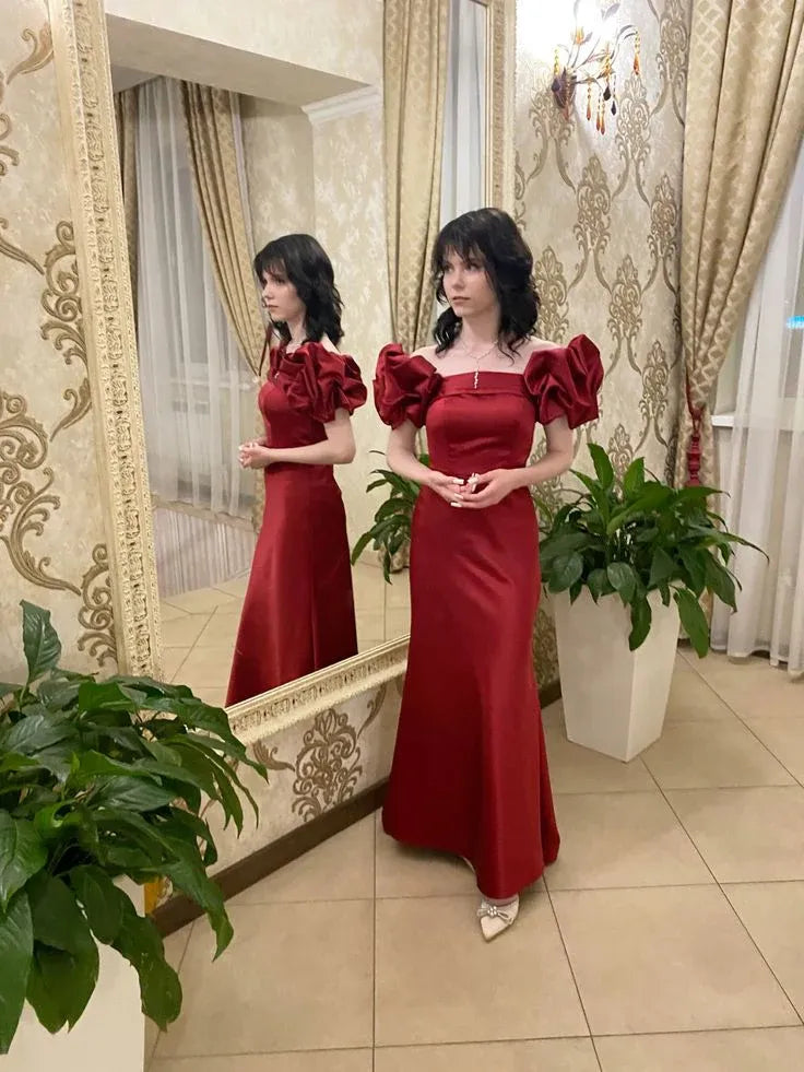 Elegant Mermaid Square Neck Puff Sleeves Satin Ruched Floor-Length Prom Dress