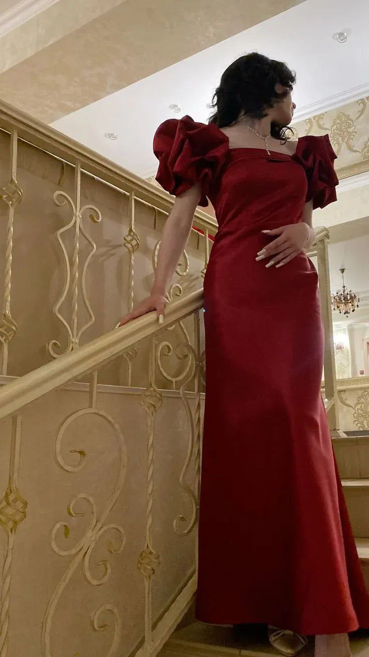 Elegant Mermaid Square Neck Puff Sleeves Satin Ruched Floor-Length Prom Dress