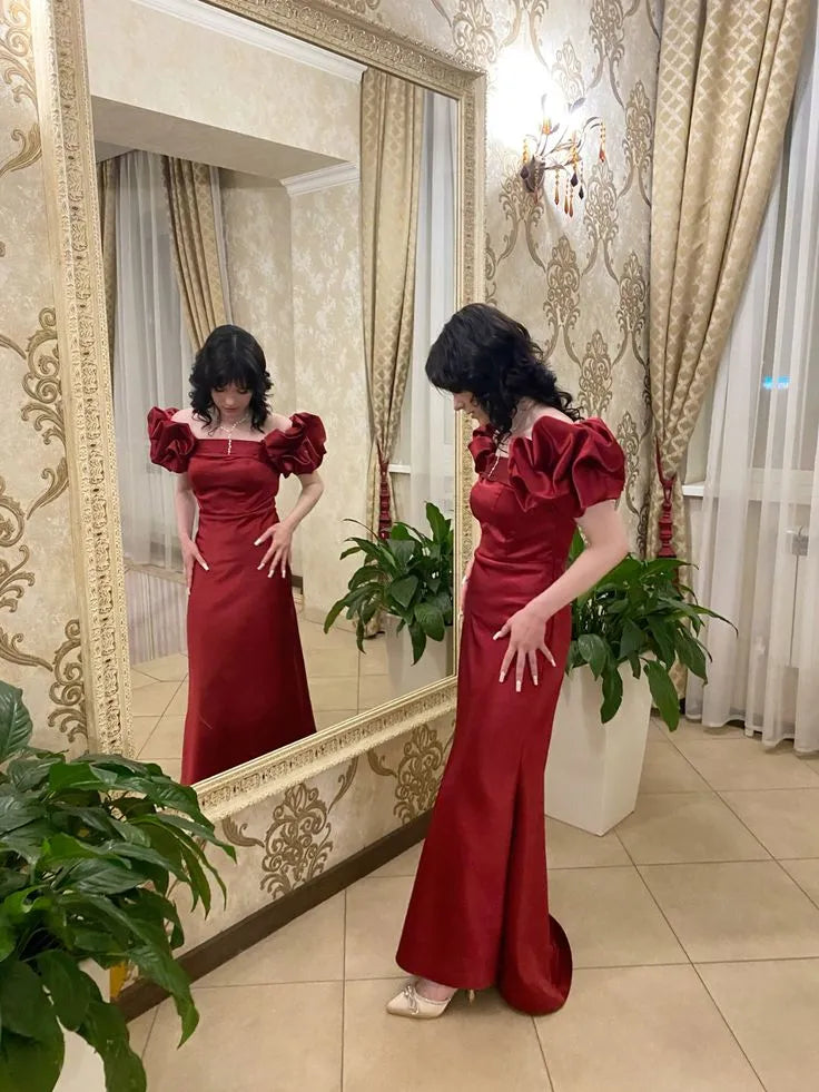 Elegant Mermaid Square Neck Puff Sleeves Satin Ruched Floor-Length Prom Dress