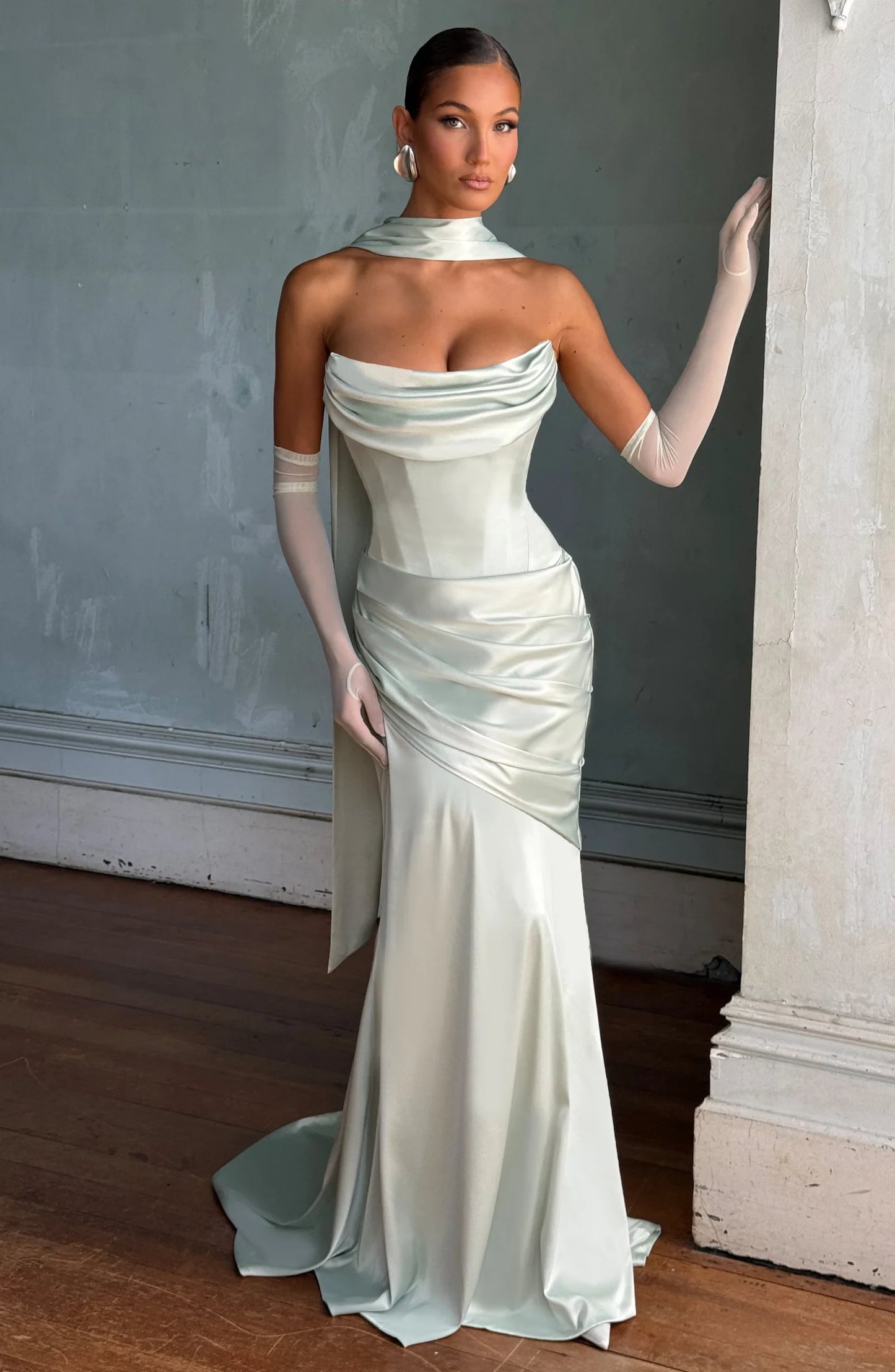 Elegant Mermaid Strapless Corset Ruched Scarf Mint Green Floor-Length Prom Dress