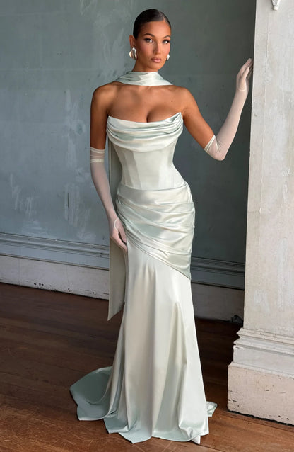 Elegant Mermaid Strapless Corset Ruched Scarf Mint Green Floor-Length Prom Dress