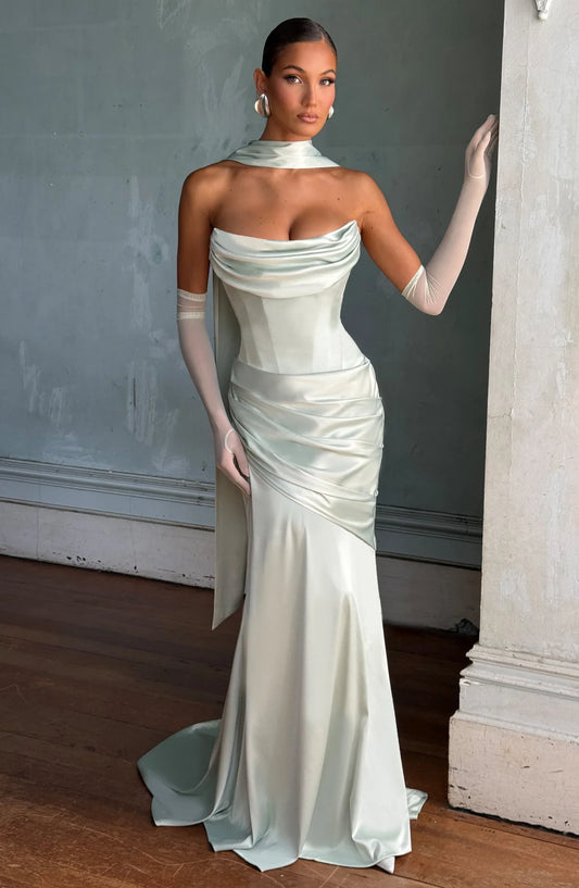 Elegant Mermaid Strapless Corset Ruched Scarf Mint Green Floor-Length Prom Dress
