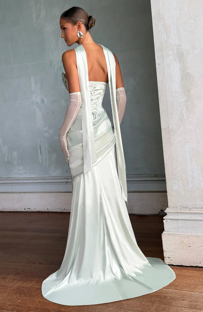 Elegant Mermaid Strapless Corset Ruched Scarf Mint Green Floor-Length Prom Dress