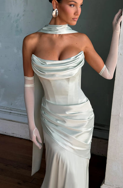Elegant Mermaid Strapless Corset Ruched Scarf Mint Green Floor-Length Prom Dress