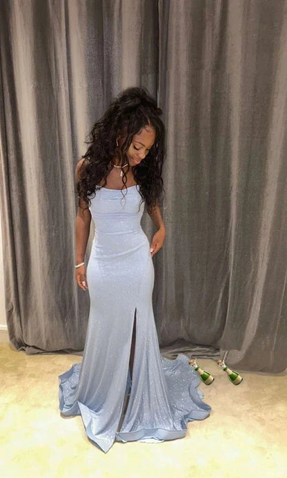 Elegant Mermaid Strapless Sleeveless Glittering Slit Light Blue Floor-Length Evening Gown