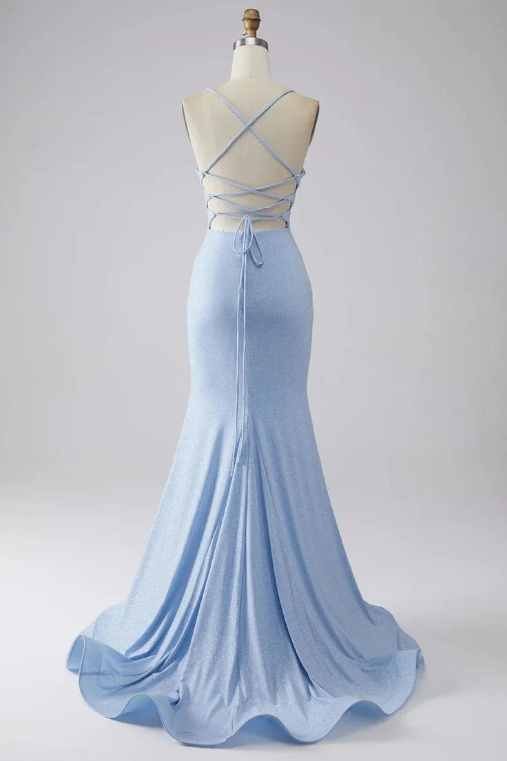 Elegant Mermaid Strapless Sleeveless Glittering Slit Light Blue Floor-Length Evening Gown