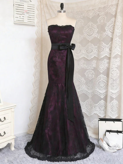 Elegant Mermaid Strapless Sleeveless Romantic Lace Plum Floor-Length Evening Dresses Women's Gown