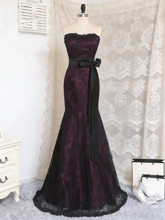 Elegant Mermaid Strapless Sleeveless Romantic Lace Plum Floor-Length Evening Dresses Women's Gown