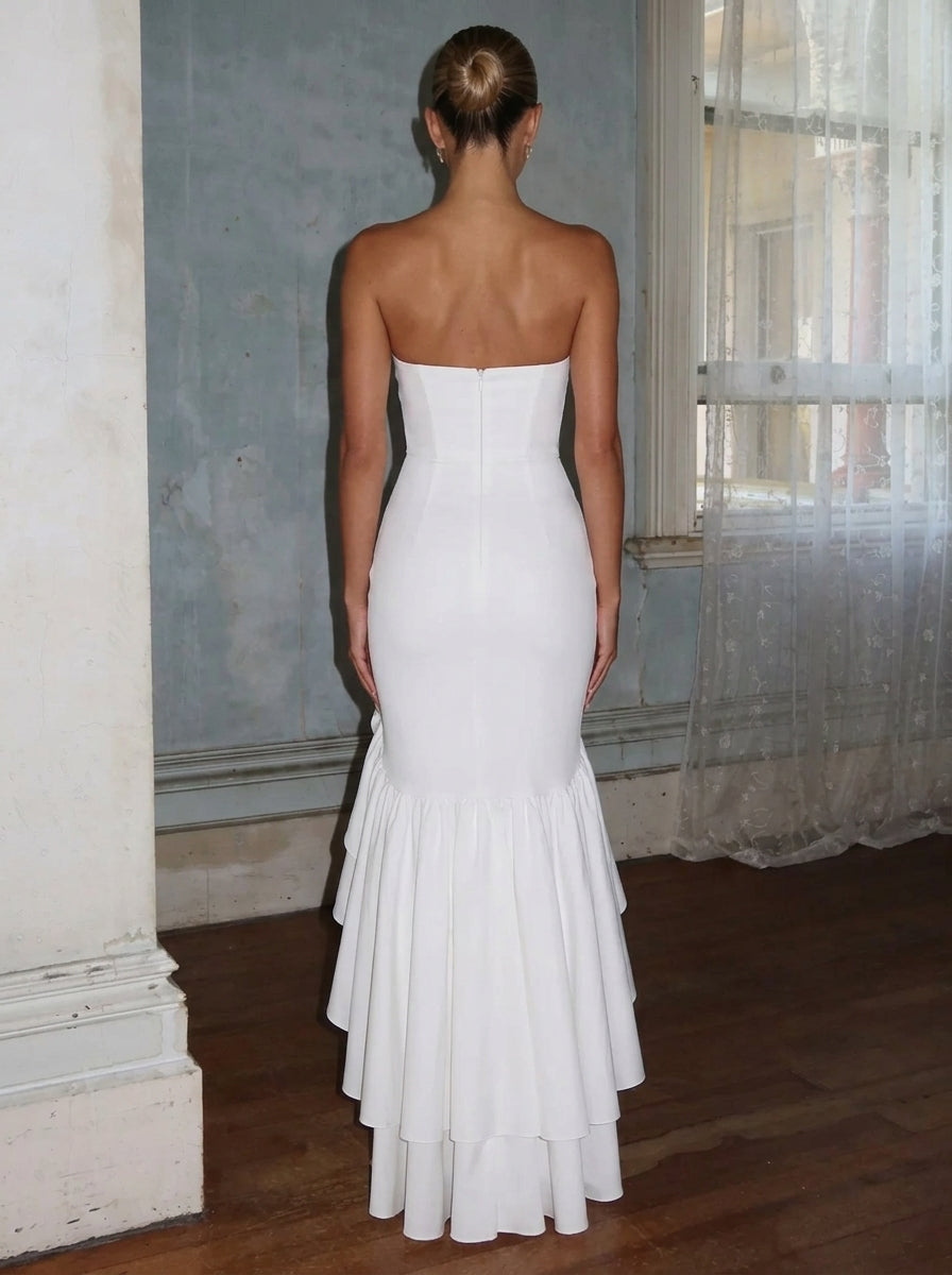 Elegant Mermaid Strapless Sweetheart Corset Ruffled High-Slit White Floor-Length Prom Dress