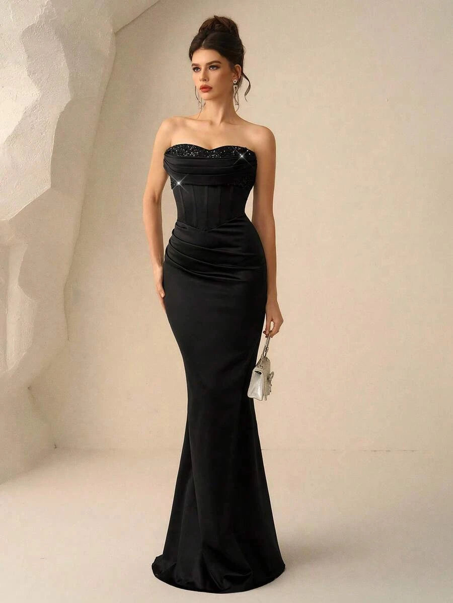 Elegant Mermaid Sweetheart Corset Sequined Ruched Black Floor-Length Prom Dress