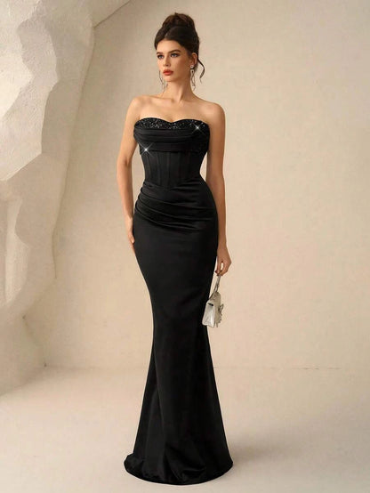 Elegant Mermaid Sweetheart Corset Sequined Ruched Black Floor-Length Prom Dress
