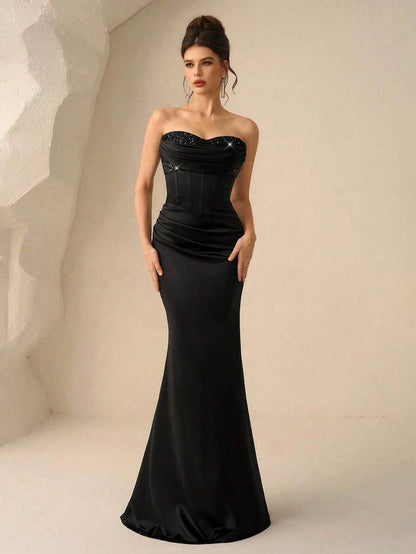 Elegant Mermaid Sweetheart Corset Sequined Ruched Black Floor-Length Prom Dress