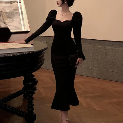 Elegant Mermaid Sweetheart Long Sleeve Puffy Glamorous Black Midi Evening Dresses Women's Gown
