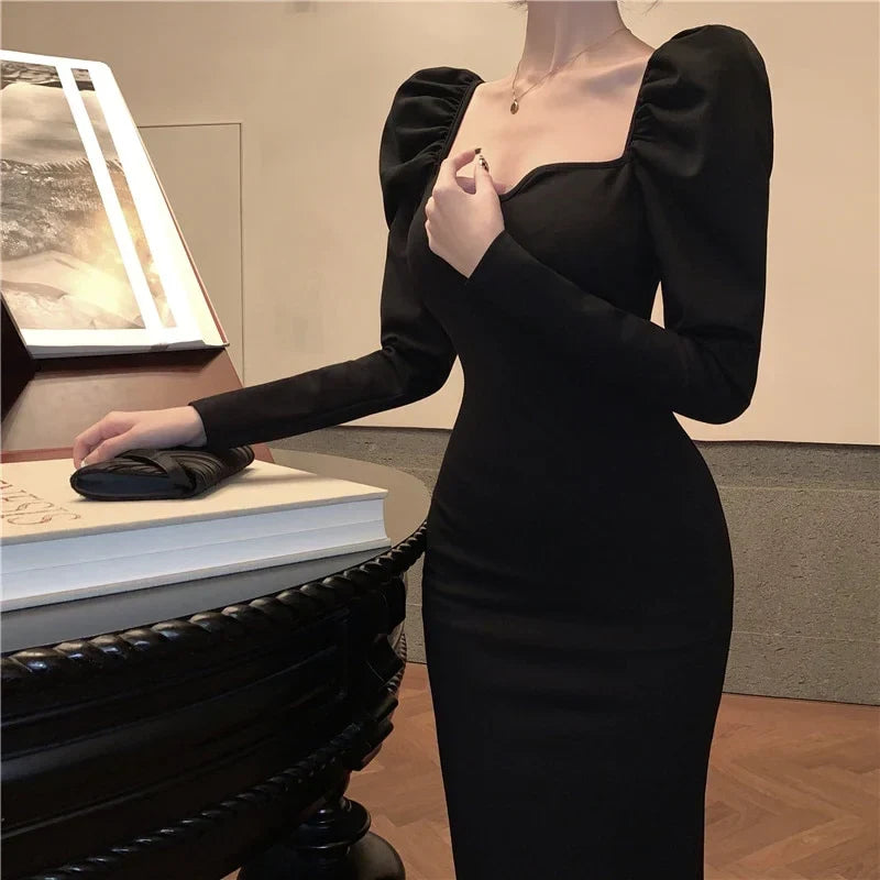 Elegant Mermaid Sweetheart Long Sleeve Puffy Glamorous Black Midi Evening Dresses Women's Gown