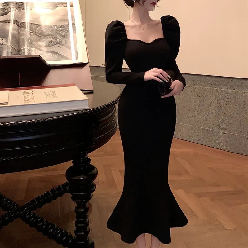 Elegant Mermaid Sweetheart Long Sleeve Puffy Glamorous Black Midi Evening Dresses Women's Gown