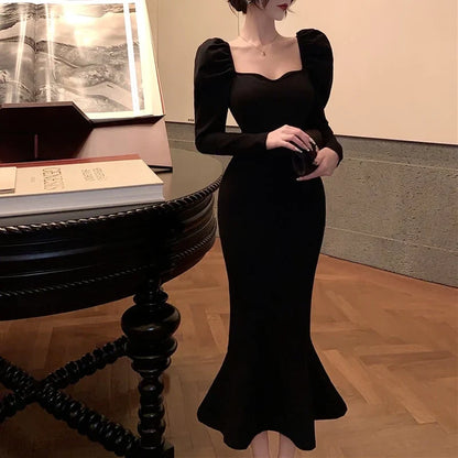 Elegant Mermaid Sweetheart Long Sleeve Puffy Glamorous Black Midi Evening Dresses Women's Gown