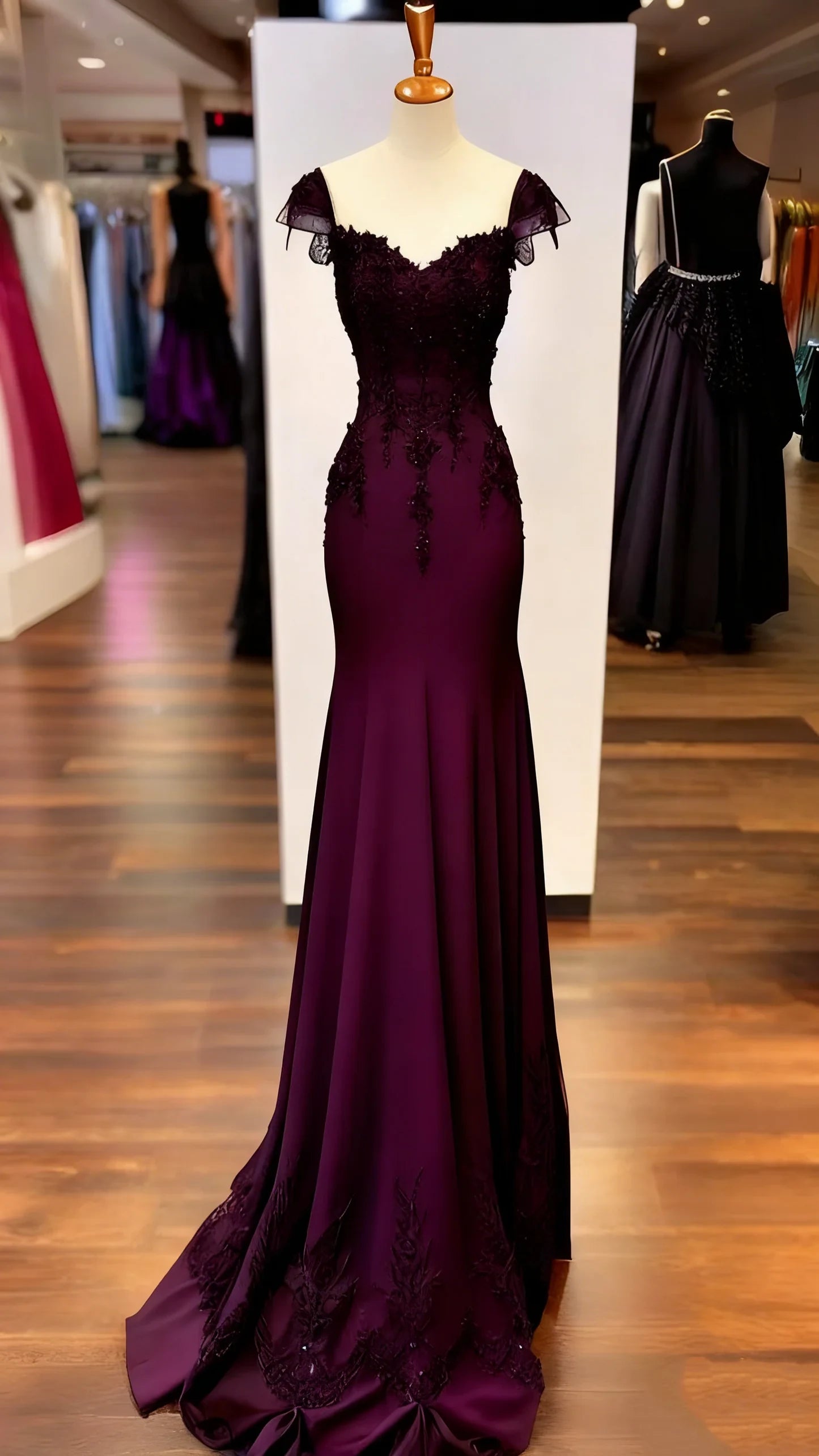 Elegant Mermaid Sweetheart Off-Shoulder Beaded Plum Floor-Length Evening Gown