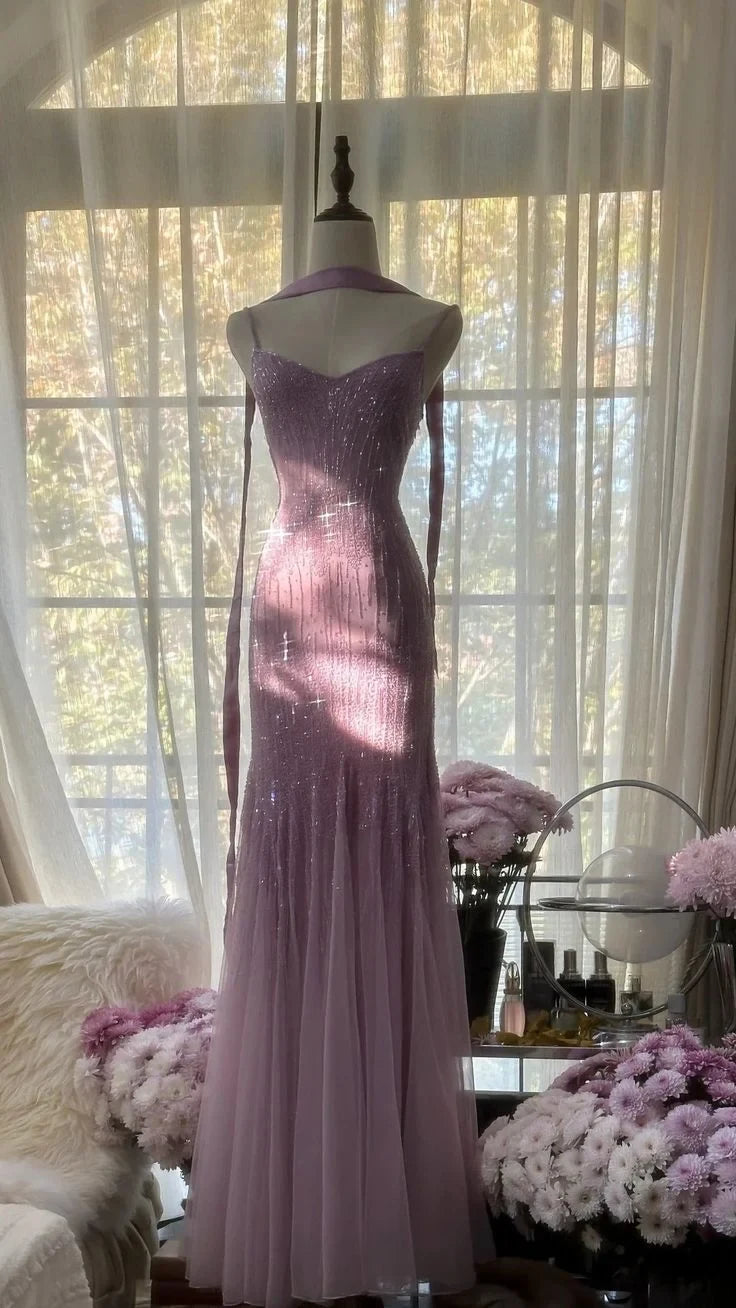 Elegant Mermaid Sweetheart Sleeveless Shimmering Beaded Lavender Floor-Length Evening Gown