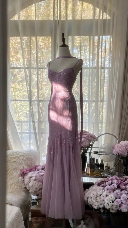 Elegant Mermaid Sweetheart Sleeveless Shimmering Beaded Lavender Floor-Length Evening Gown