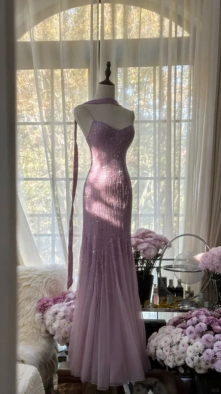 Elegant Mermaid Sweetheart Sleeveless Shimmering Beaded Lavender Floor-Length Evening Gown