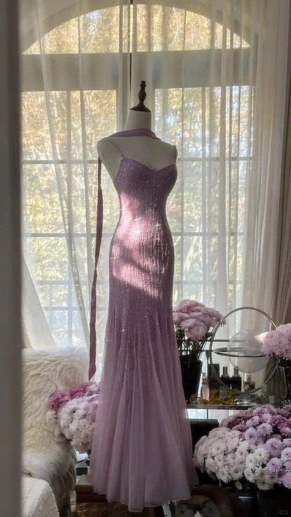 Elegant Mermaid Sweetheart Sleeveless Shimmering Beaded Lavender Floor-Length Evening Gown