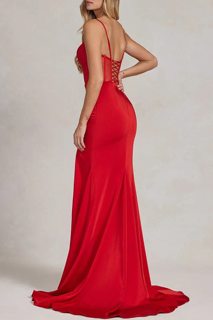 Elegant Mermaid Sweetheart Spaghetti Straps Corset Slit Red Floor-Length Prom Dress