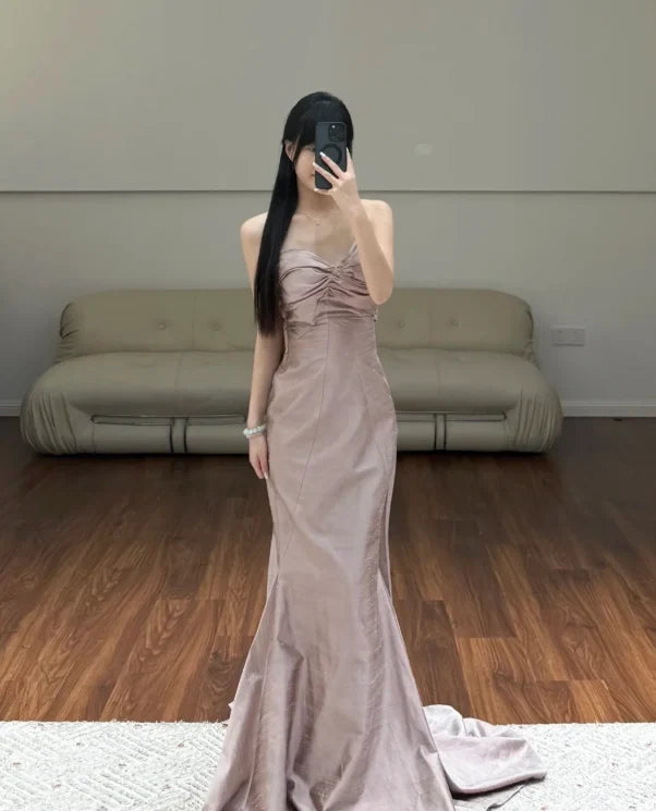 Elegant Mermaid Sweetheart Strapless Ruched Glamorous Dusty Rose Floor-Length Evening Dresses Women's Gown