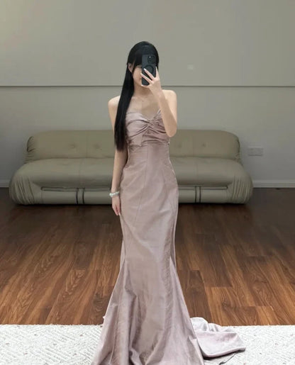 Elegant Mermaid Sweetheart Strapless Ruched Glamorous Dusty Rose Floor-Length Evening Dresses Women's Gown
