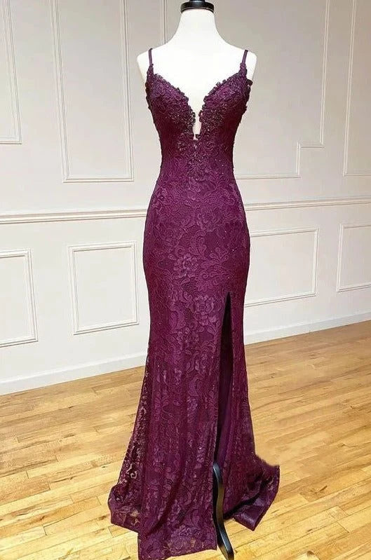 Elegant Mermaid V-Neck Sleeveless Lace Slit Plum Floor-Length Evening Gown