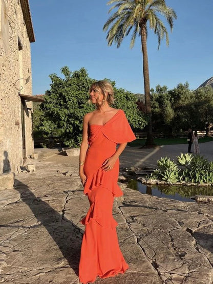 Elegant One-Shoulder Ruffled Sheath Coral Floor-Length Evening Gown for Women