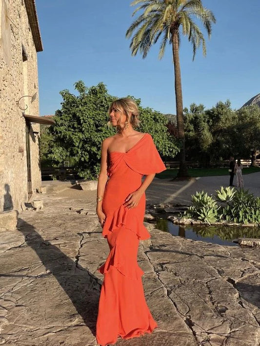 Elegant One-Shoulder Ruffled Sheath Coral Floor-Length Evening Gown for Women