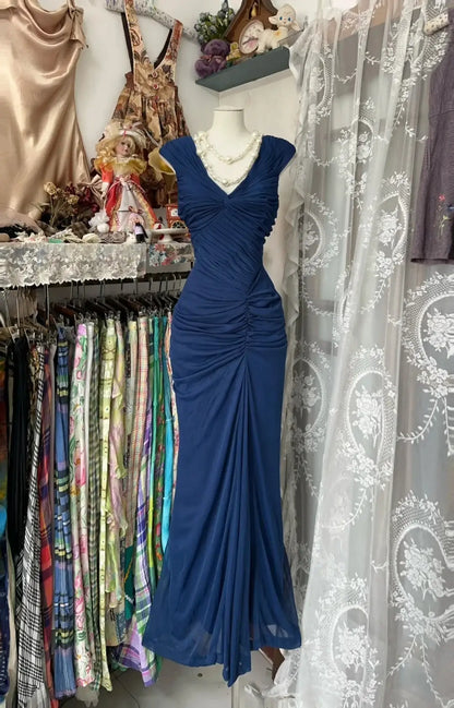 Elegant Ruched V-Neck Cap Sleeve Navy Blue Floor-Length Evening Gown
